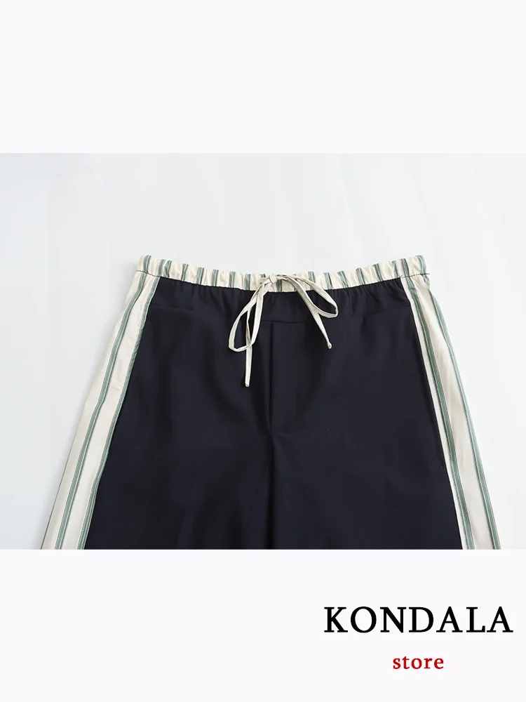 KONDALA Casual Striped Print Long Pants Women Elastic Bow Tie Straight Pants Fashion 2024 Spring Summer Sports Women Trousers