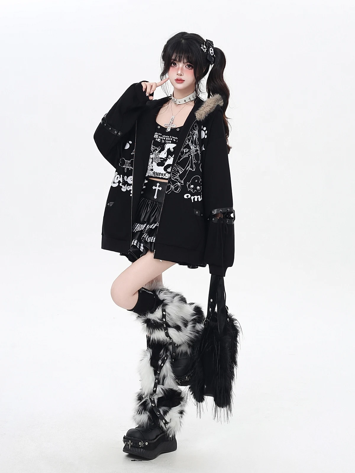 American Punk Sweet Cool Girl Fur Collar Hooded Jacket Lace-up Long Sleeve Cartoon Print Zipper Casual Sweatshirts Women Autumn