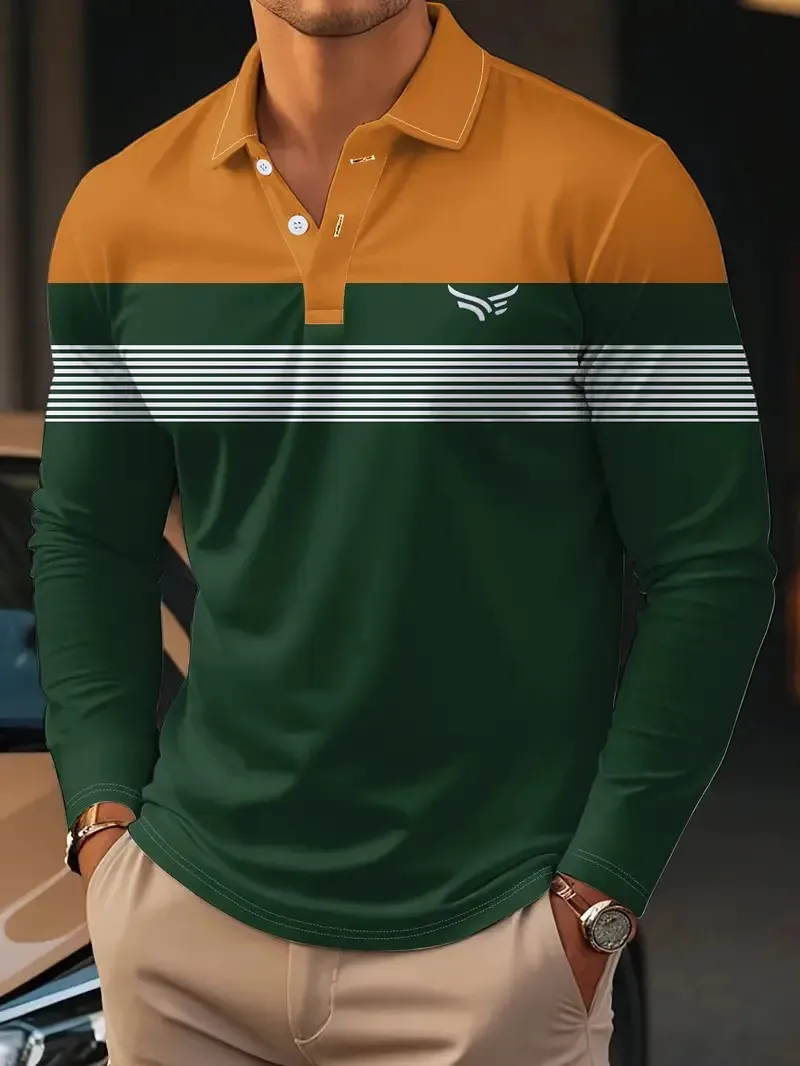 The New Men's Long-Sleeved POLO Shirt for Spring and Autumn 2025 Features Street Fashion Comfort and 3D Striped Printing