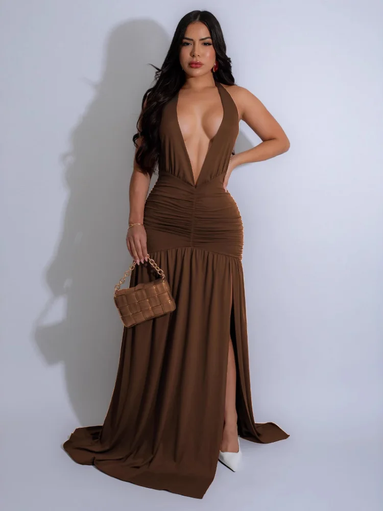 สามน้องสาว 2025 ฤดูร้อนแฟชั่นเซ็กซี่ElegantวันเกิดParty Holiday Promเสื้อผ้าผู้หญิงสีทึบBacklessชุดยาว