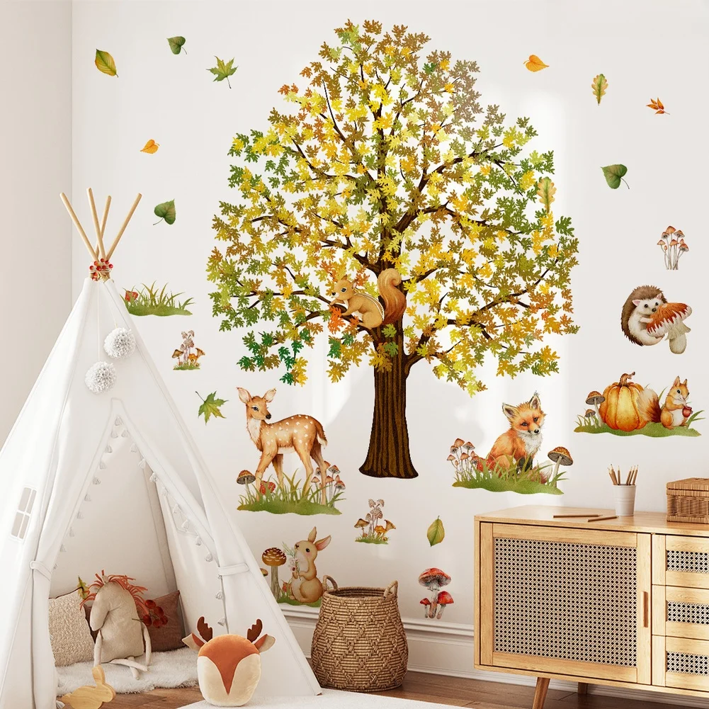 For Forest Animals and Tree Wall Stickers 6 Sheet PVC Set for Nordic Style for Living Room Bedroom Bathroom Kitchen