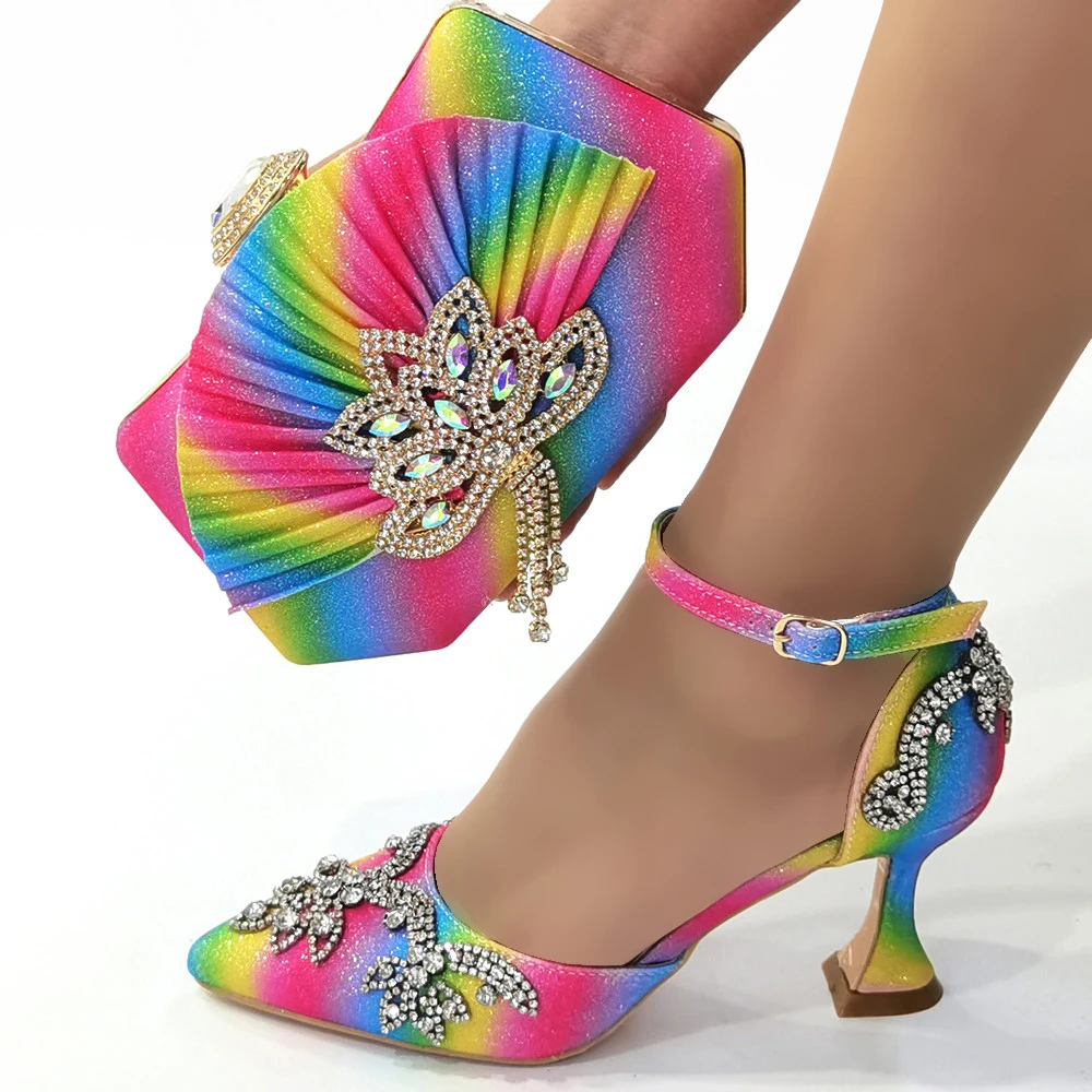 

Hot Sale Colorful Women Pointed Toe Shoes Match Handbag With Crystal Decoration African Dressing Pumps Set CR935,Heel 8CM