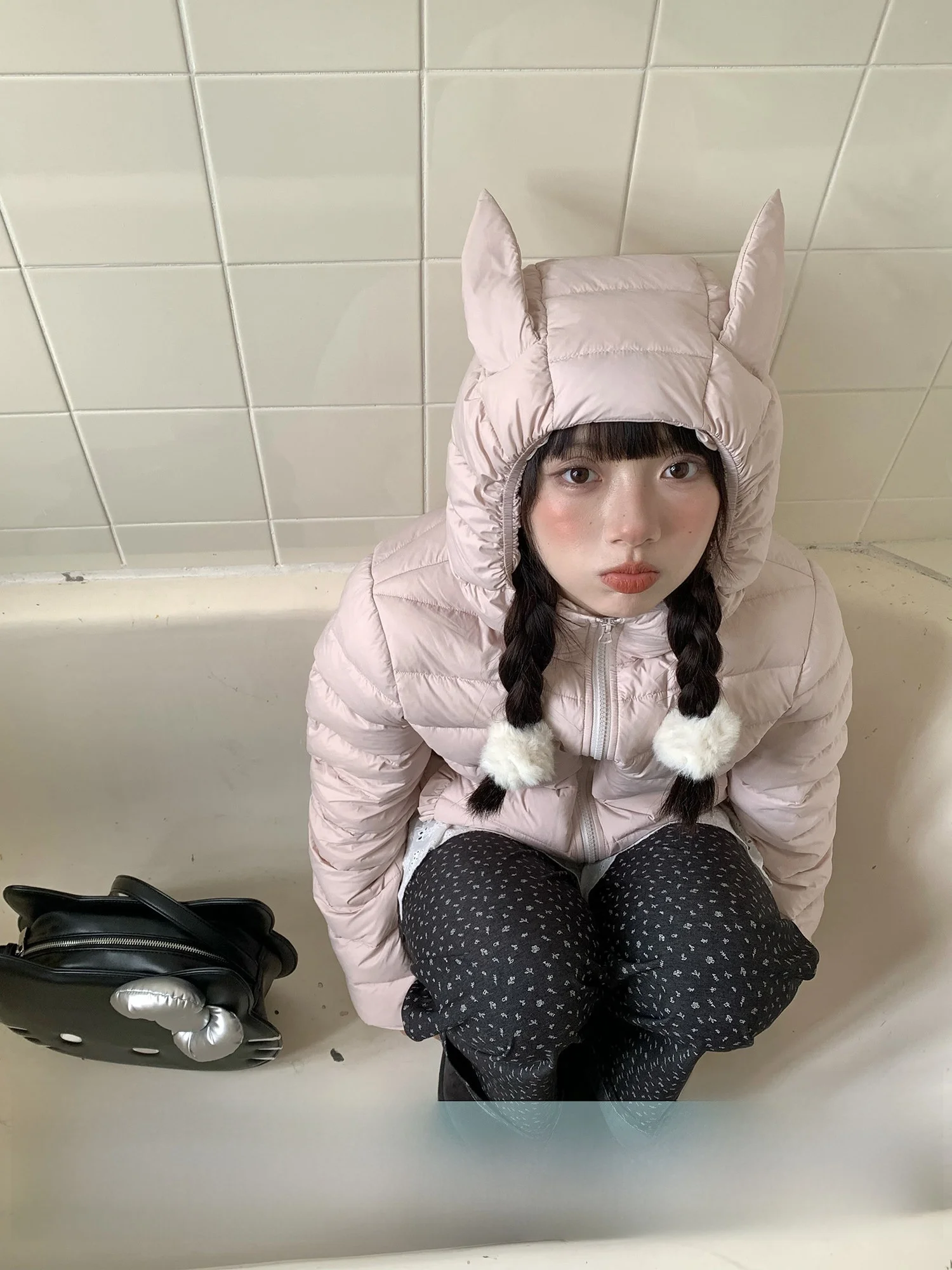 

Cute Rabbit Ear ort down Jaet Women's Winter Warm Lightweight Hooded Coat Pink Hey an Nai Auntie White Du Feather