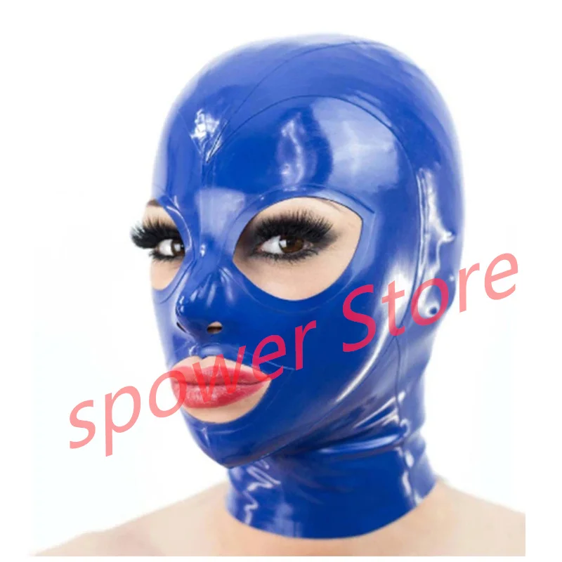 

Natural Latex Full Head Latex Hoods Rubber Mask Fetish Cosplay Costumes Blue Back Zip Club Wear
