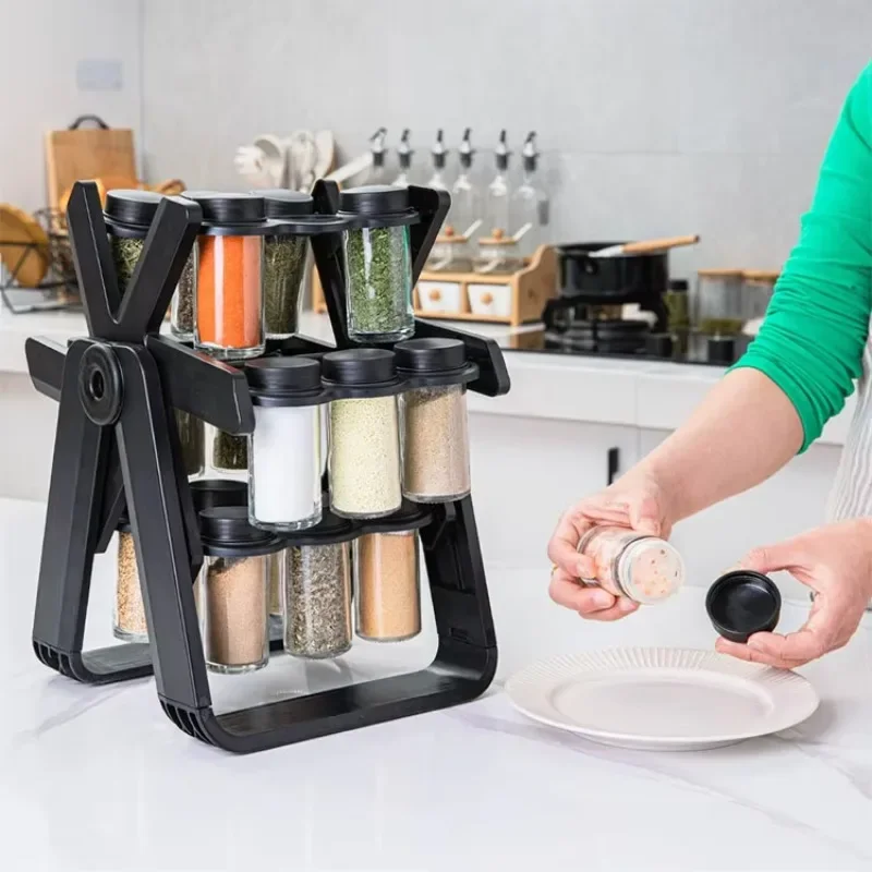 Versatile Spice Rack with 18 Glass Jars Spinning Bottle Organizer - Kitchen Seasoning Set