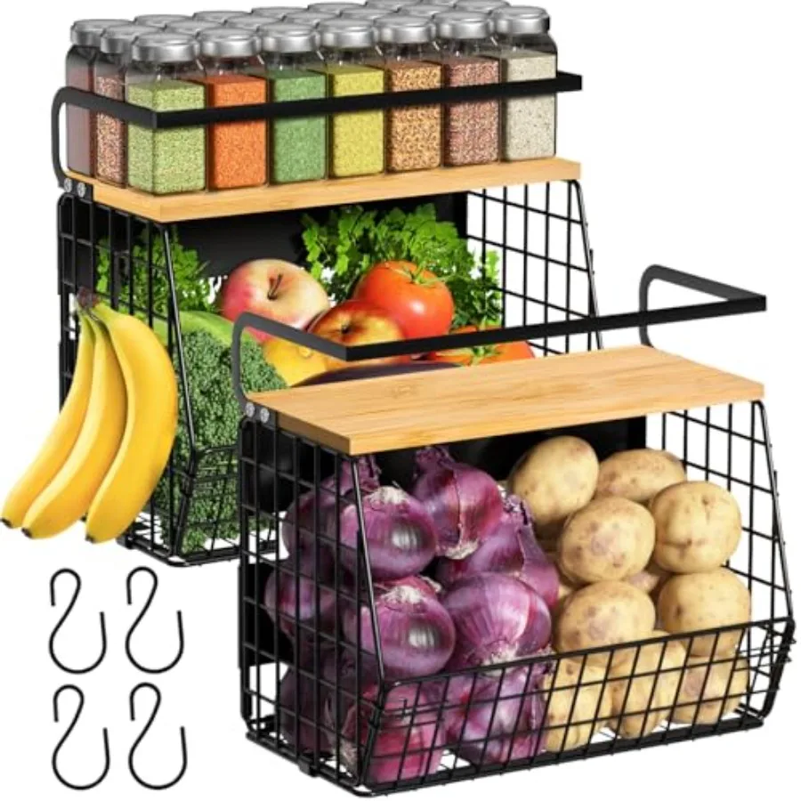 

2 Set Magnetic Shelf for Refrigerator with Wood Lid, Fruit Potato and Onion Storage Bins, Pantry Organizers and Storage, Large