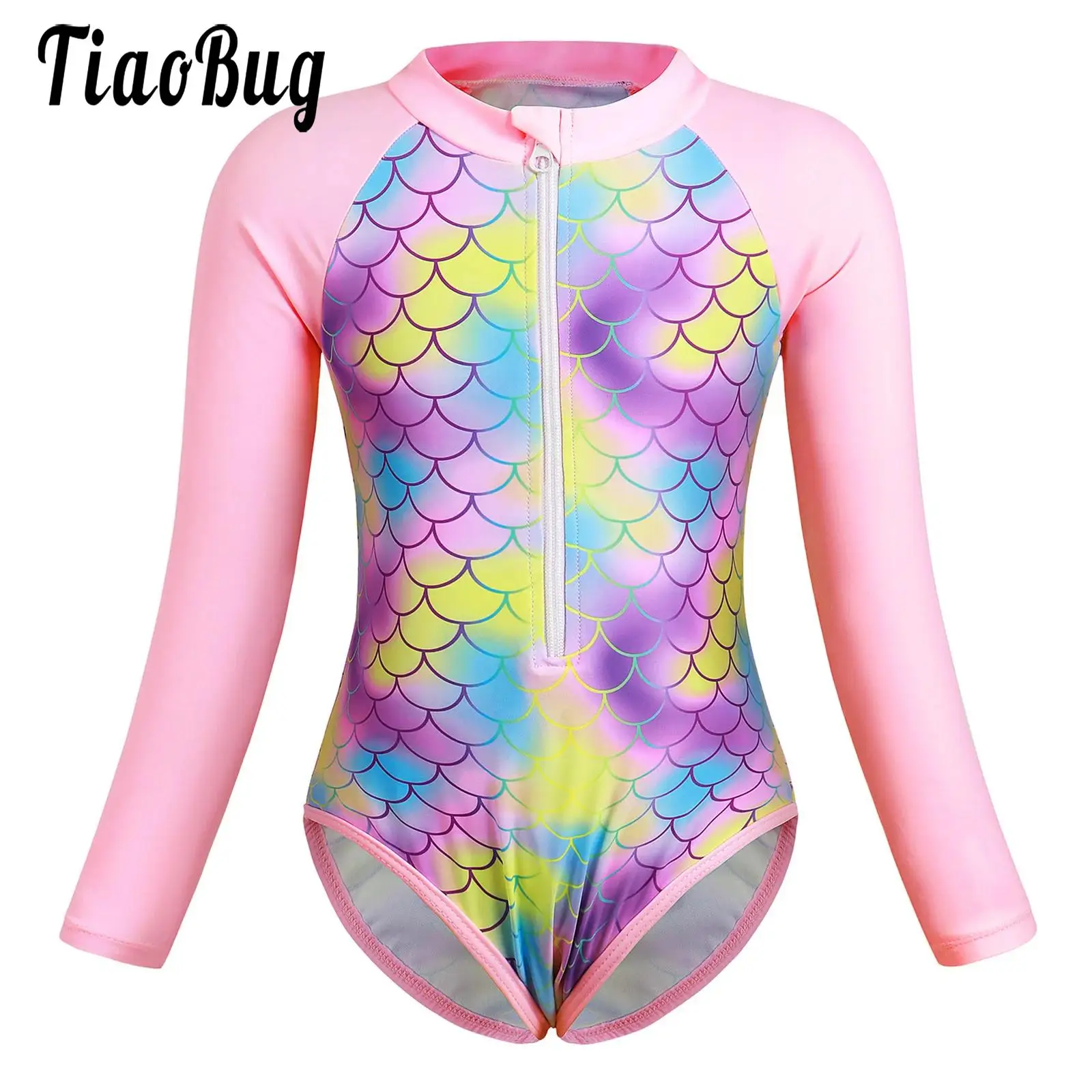 Kids Girls One-piece Swimsuit Swimming Long Sleeve Fish Scales Print Zip Front Bodysuit Swimwear Pool Beach Surfing Bathing Suit