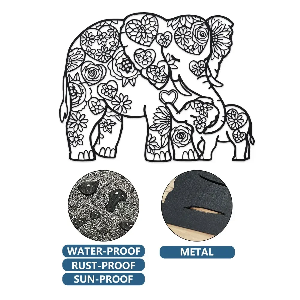 Elegant Minimalist Abstract Art: 1pc Iron Elephant with Floral Hearts Etched Metal Wall Art, Modern Craft Plaque Decor