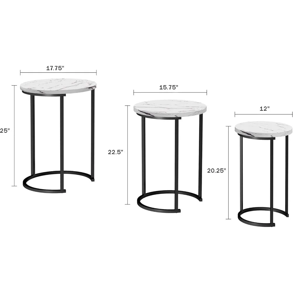 Nesting Tables - Set of 3 Round Side Tables for Living Room, Bedroom, or Home Office - Faux Marble End Table Set