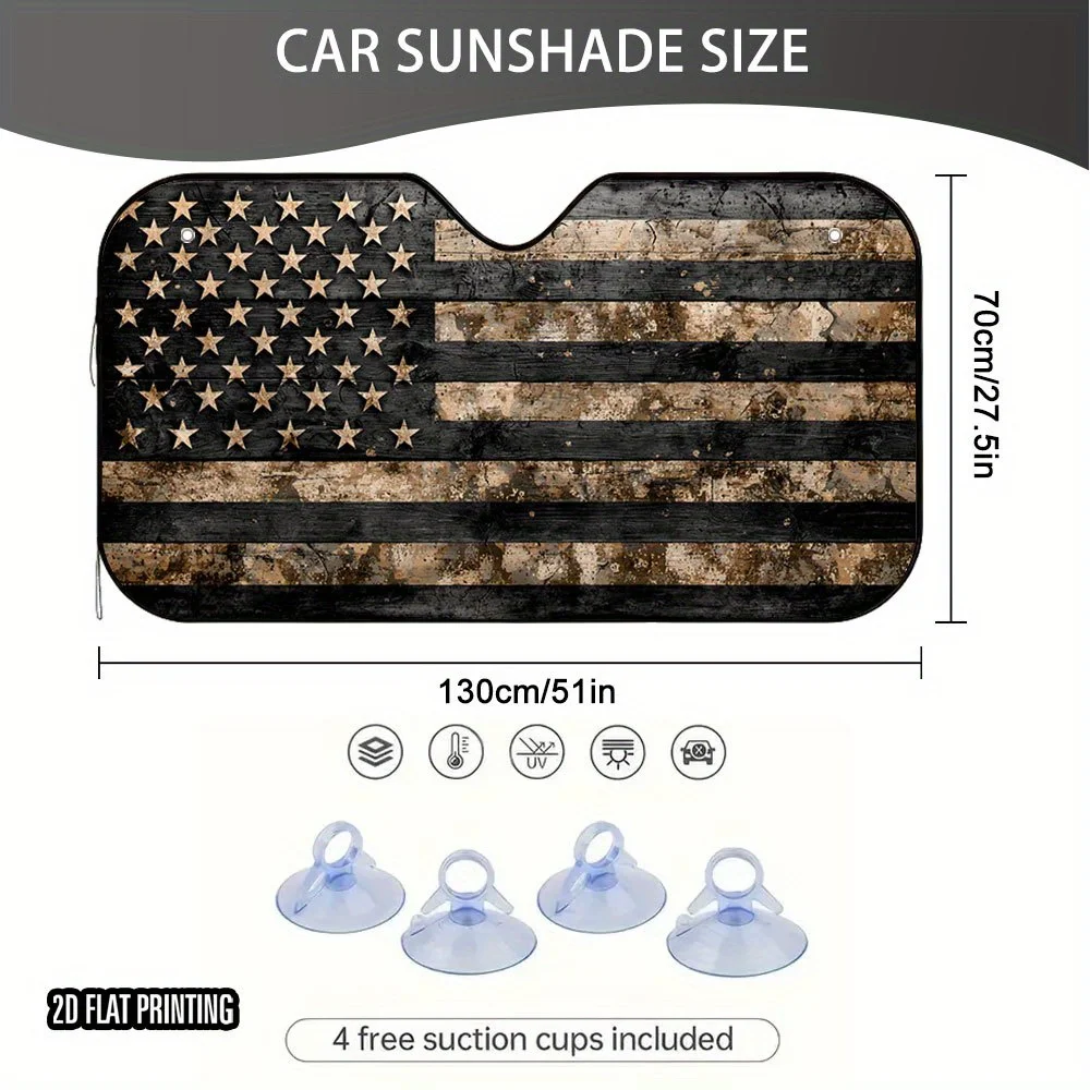 1pc 2D Flat Camouflage Flag Design Car Sunshade - Foldable, Patriotic Stars & Stripes Pattern, 4 Suction Cups, Fit For SUVs, Sed