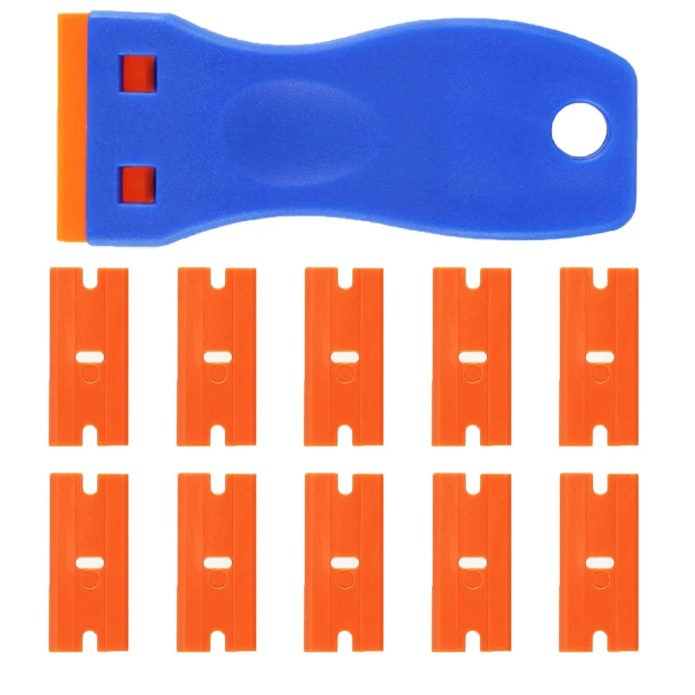 1 Pcs Plastic Razor Blade Scraper and 10 Pcs Blades, Remove Label Decal Tool, Adhesive Remover for Stickers, Gaskets and Paints