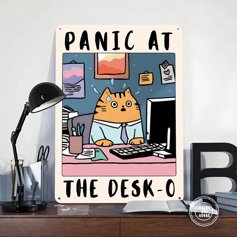Panic At the Desk-O Cartoon Personalized 3D Textured Metal Poster Wall Art Tinplate Sign for Bar Accessories Vintage Decor Room