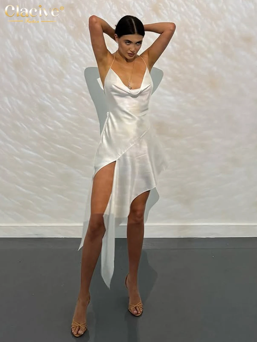 

Clacive Summer Loose White Satin Women's Dress 2026 Sexy Strap Sleeveless Midi Dresses Elegant Classic Solid Female Party Dress