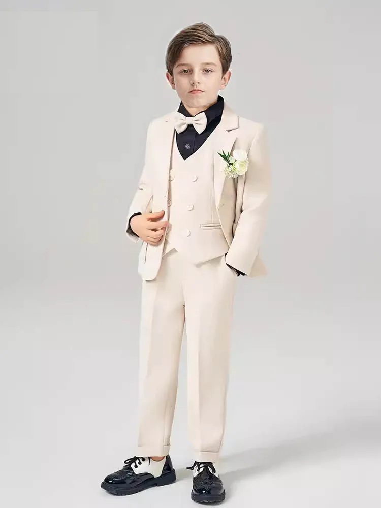 Gentleman Kids Beige Pink Wedding Suit Flower Boys Jacket Vest Pants Bowtie Photograph Dress Childre Easter Performance Costume