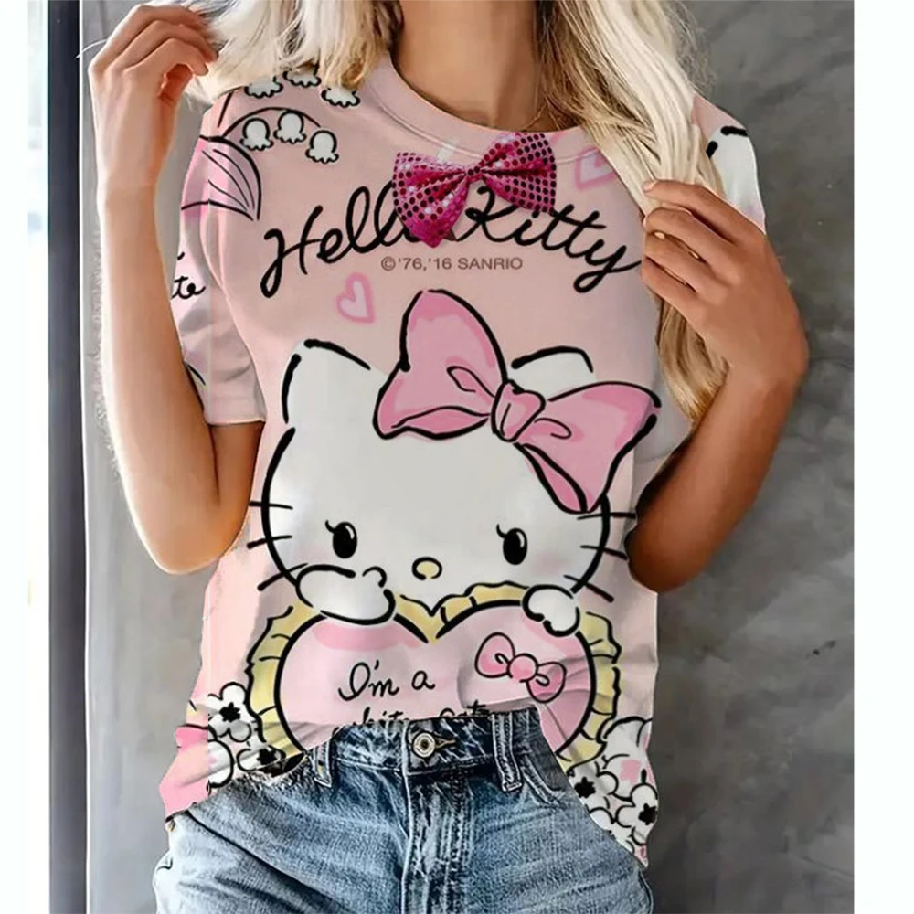 Hello Kitty 3D cartoon mother daughter T Shirts Kids Cute girl style Casual Short Sleeve Ladies O-Neck Loose Tops Summer Size