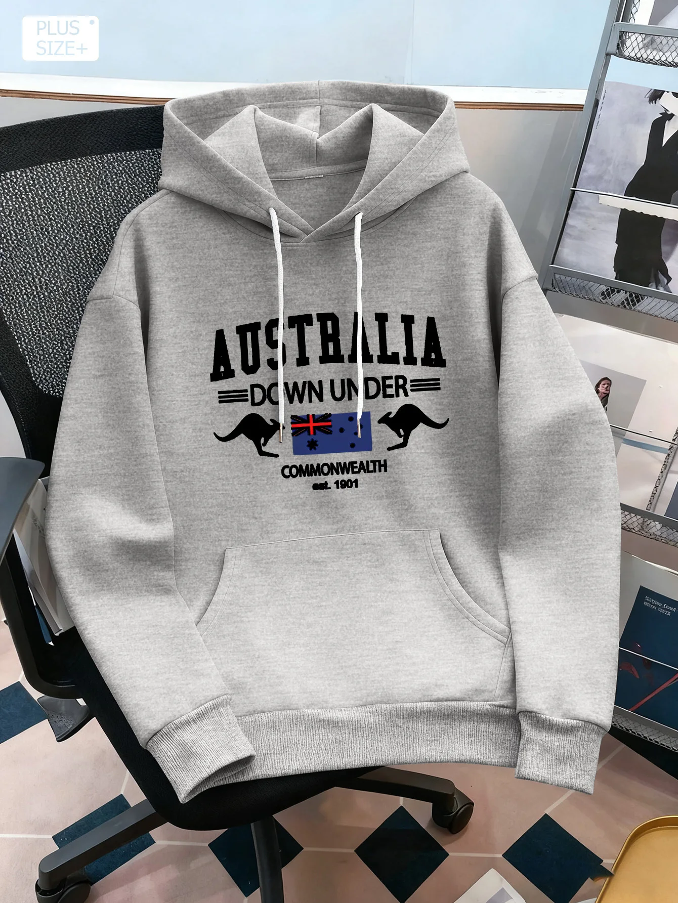 Commonwealth Australia Print Herren-Hoodie in Burgunderrot mit Känguru- und Australien-Flagge, weicher, lockerer Kapuzenpullover für den Alltag und Reisen – Detail 3