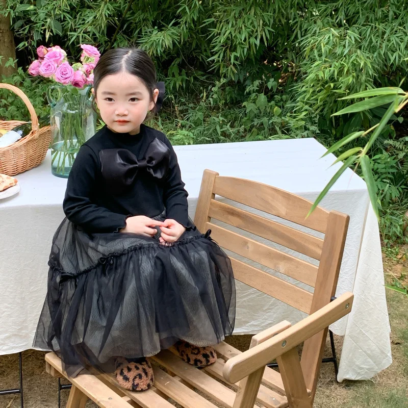 

Korean Girls' Spring and Autumn New Style Elegant Bow Dress Girl's Mesh Patchwork Dress Children's Princess Dress