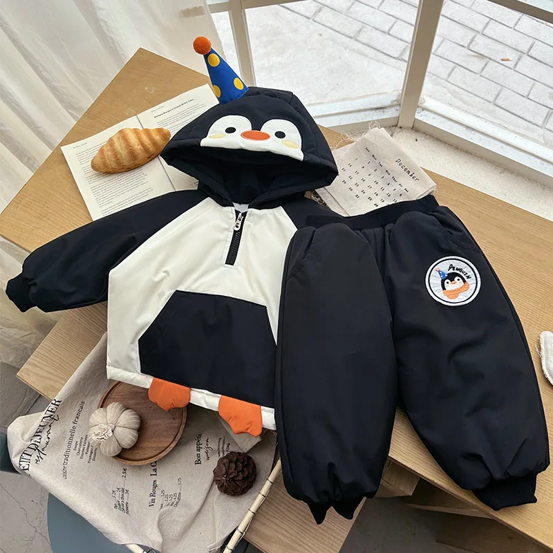 

Children's 1-8Y Boy Sets 2025 Winter Penguin Printed Thick Warm Windproof Kids Baby Boy Top+mid Waist Toddler Boys Quilted Pant