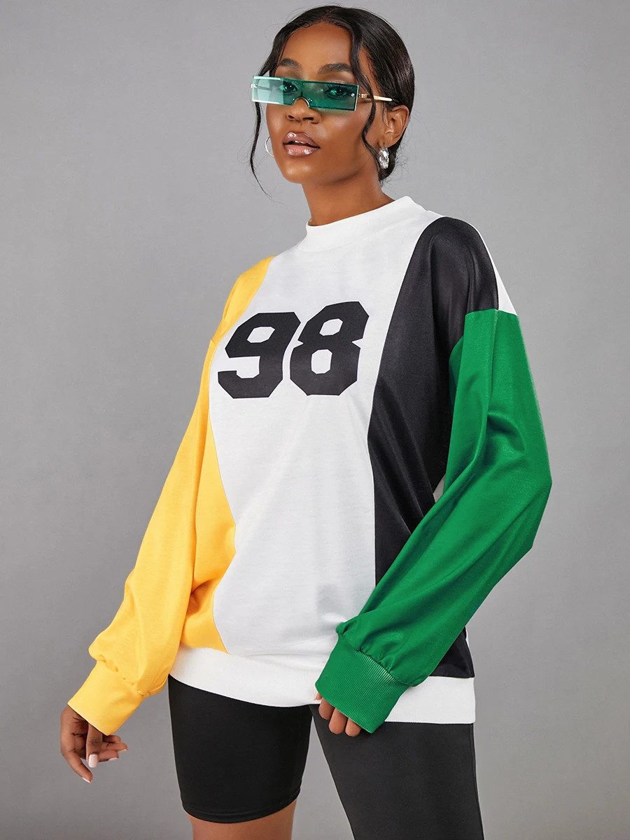 LW Autumn NEW Sweatshirt Dropped Shoulder Letter Print Patchwork Sweatshirt Casual Long Sleeve Sweatshirt Women's Clothing
