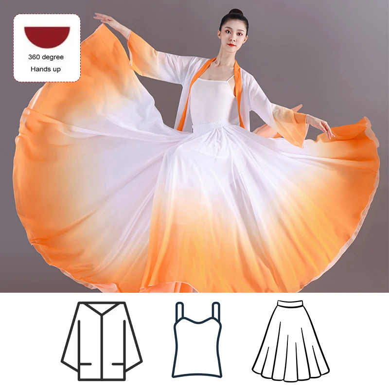 NONE 3-teiliges Set Damen Elegantes Klassisches Tanzkleid mit Oberteil, Trägerkleid, Volkstanz-Farbverlauf-Tanzrock, Ballett-Tanzkostüm 8