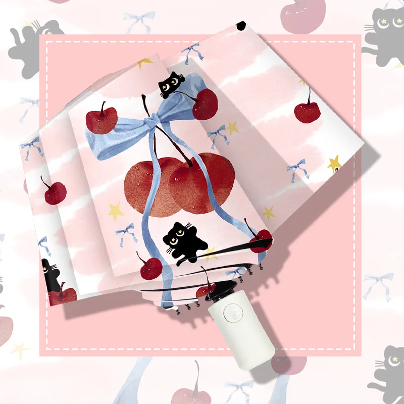 

Umbrella,UV umbrella,Folding automatic umbrella,Cherry and Cute Cat,The bottom of vinyl umbrella is sun-proof and windproof,New