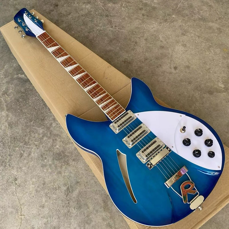 

6 String Semi Hollow Body 360 Electric Guitar, 3 Pickups Blue Guitarra, Tailpiece Bridge, Rosewood Fingerboard, Free Shipping