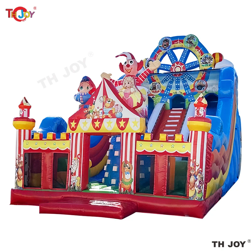 15x8m Circus Clown kasteel springkussen glijbaan functie, reuzenrad opblaasbare springkastelen, opblaasbare speeltuin combo's