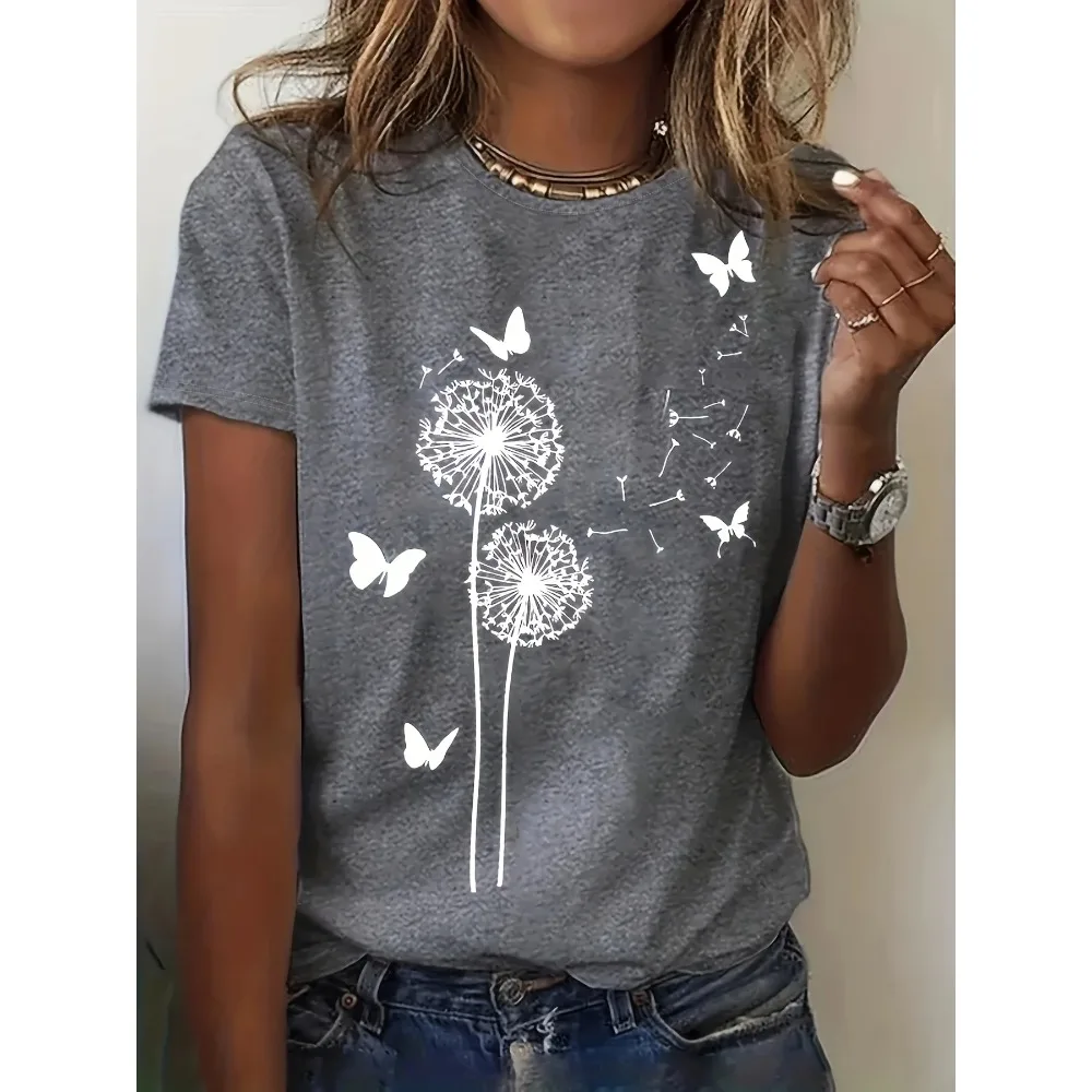 

Women's Plus Size Casual Dandelion and Butterfly Print T-Shirt Soft Round Neck Short Sleeve Top Summer Dandelion Pattern