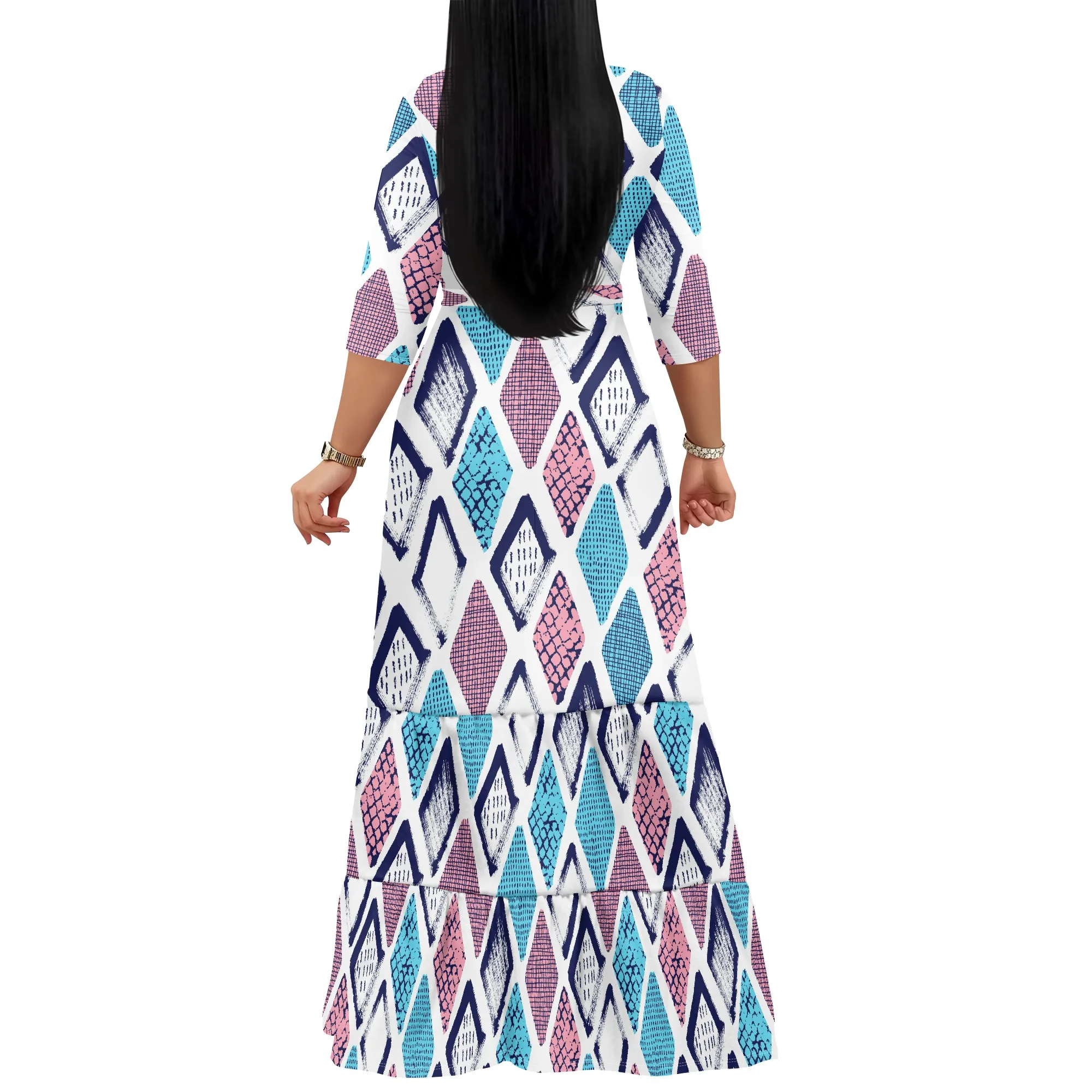 Vestido feminino com cinto de manga comprida, vestido elegante listrado estampado com bainha de três camadas e bolso.