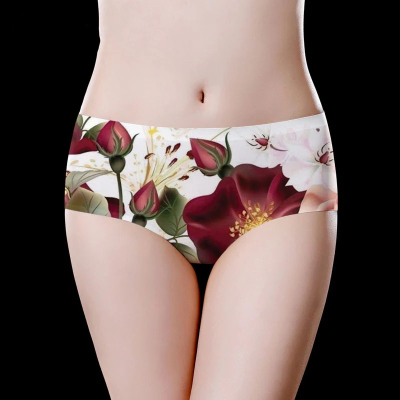 Fashion Red Flowers Print Seamless Panties Ice Silk Briefs Traceless Lingerie Intimates Underpants Sexy Underwear Women Panties