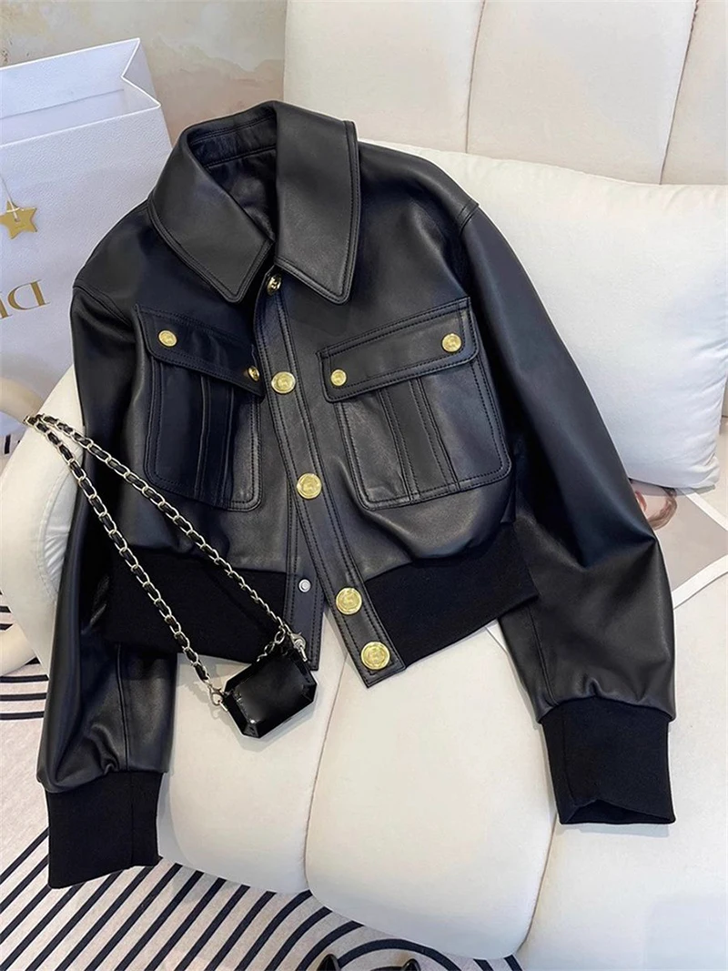 Chic Black Lapel Women Jacket Gold Buttons Flap Pockets Moto Short Coat Cropped Ribbed Trim Y2K Biker Streetwear Outerwear Top