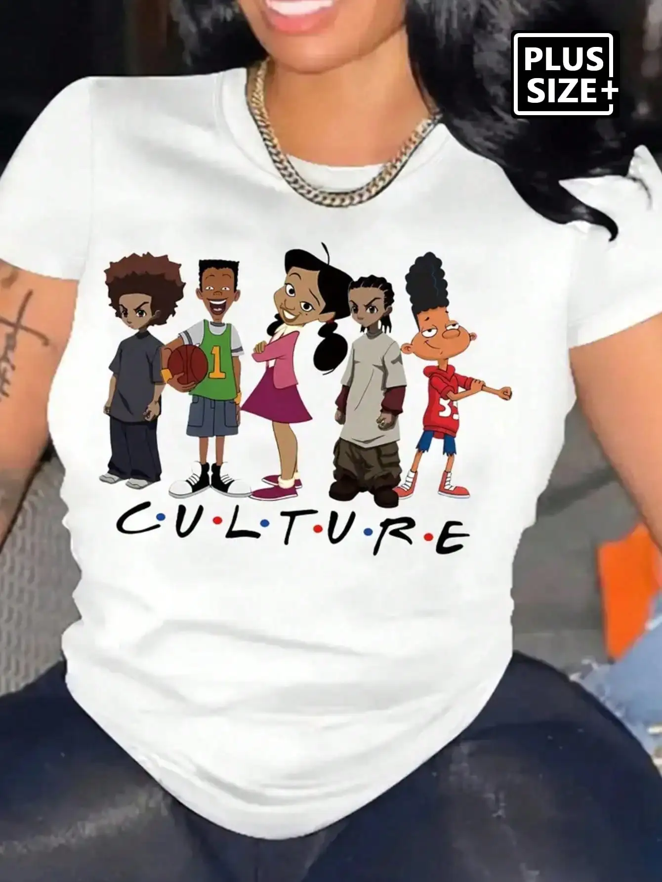 

Plus Size Women's Casual T-Shirt with Cartoon Culture Print, Short Sleeve, Digital Graphic Design