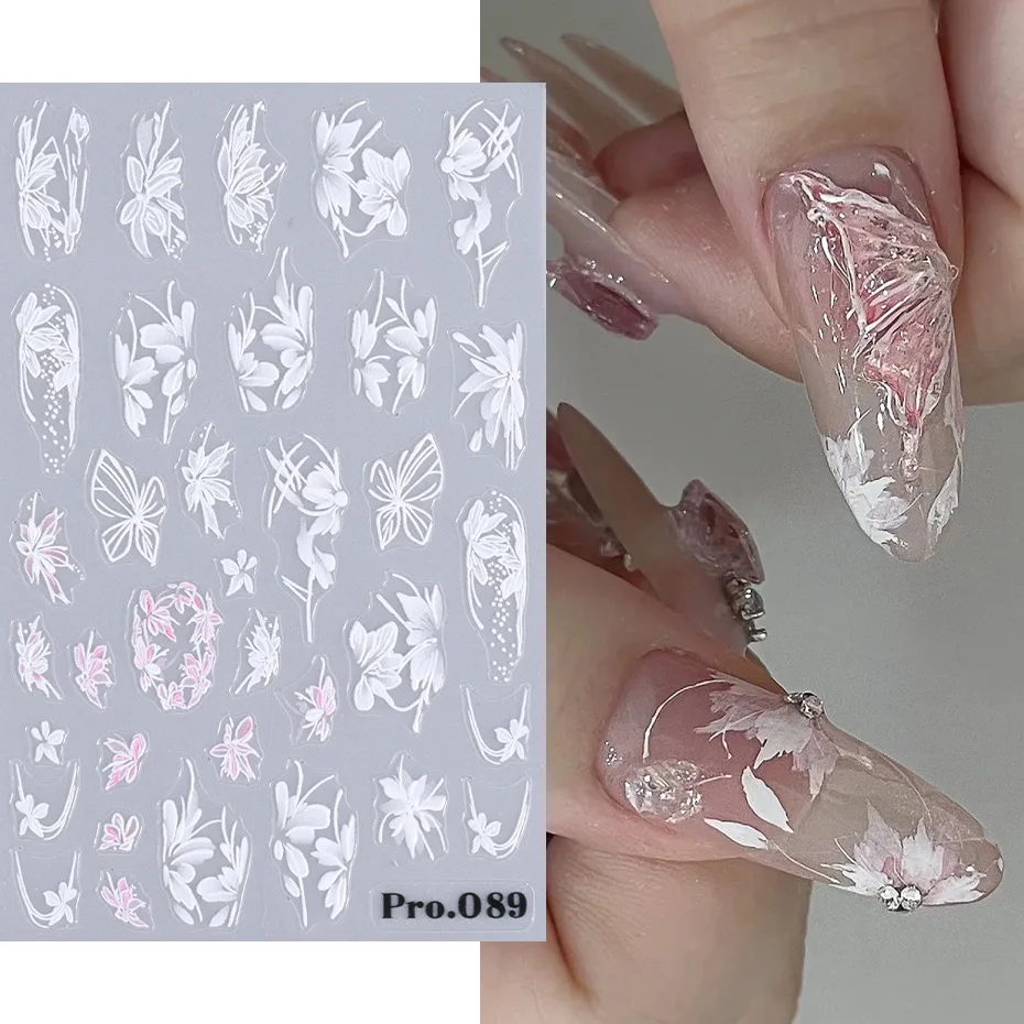 5D tłoczone naklejki artystyczne do paznokci eleganckie przezroczyste białe kwitnące kwiaty samoprzylepne suwaki naklejki na paznokcie dekoracje do Manicure