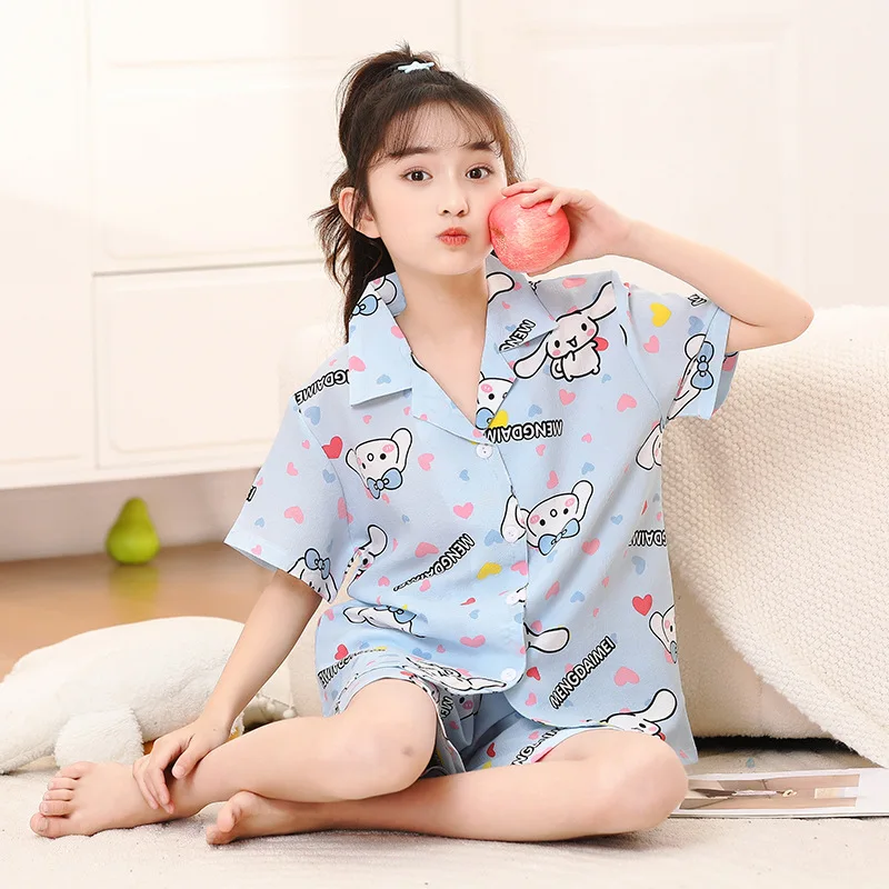 Sanrioed-Pyjama d'été à manches courtes pour filles, vêtements de détente pour enfants, short, Hello Kittile, My Melody, Cinnamoroll Kuromi, vêtements de nuit de dessin animé