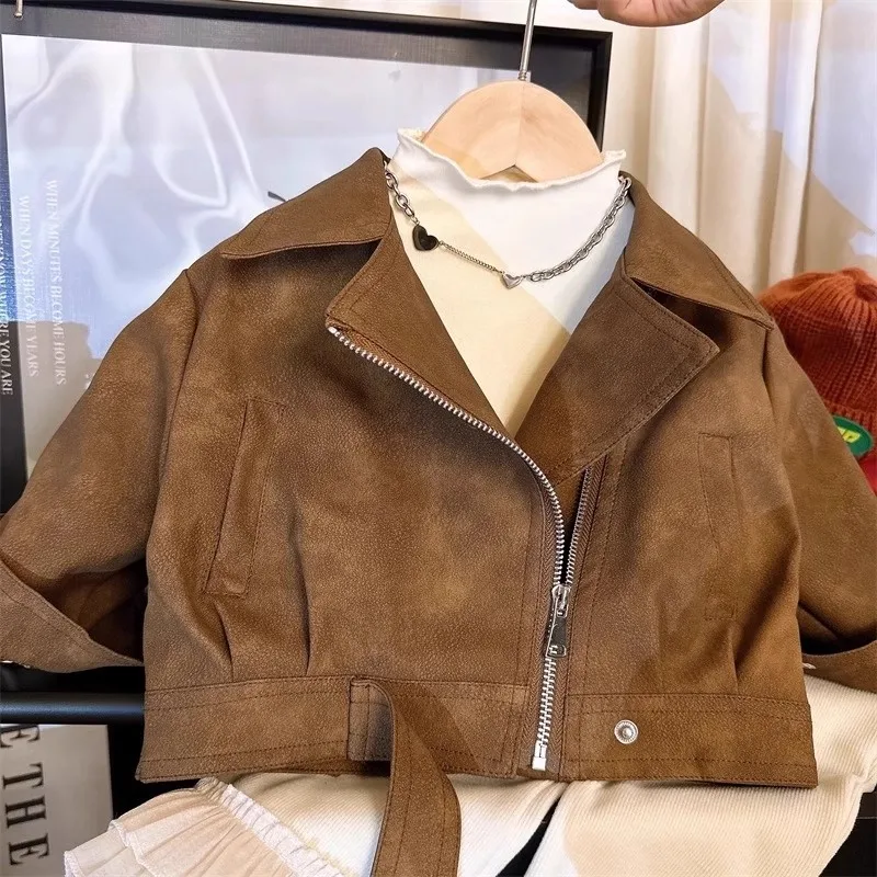 1-8 Years Spring Autumn Girls Leather Jacket Lapel Collar Zipper Artificial Leather Coat For Kids Stain Resistant Outerwear