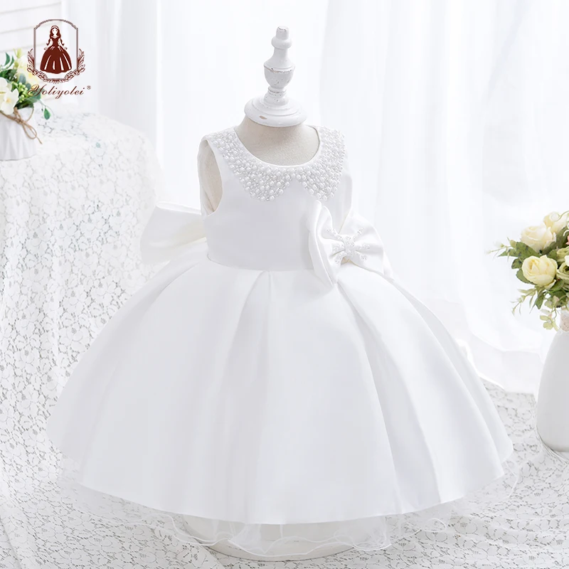 

Yoliyolei Gorgeous Baby Wedding Dress Satin Knee Length Pearls Necklace Ruffles Bottom Kids Ceremony Dress Girl With Bowknot