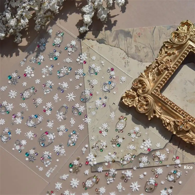 Deliziosi adesivi festivi per nail art con fiocchi di neve a pois, adesivi rialzati con stampa per unghie femminili, decorazioni per unghie per feste