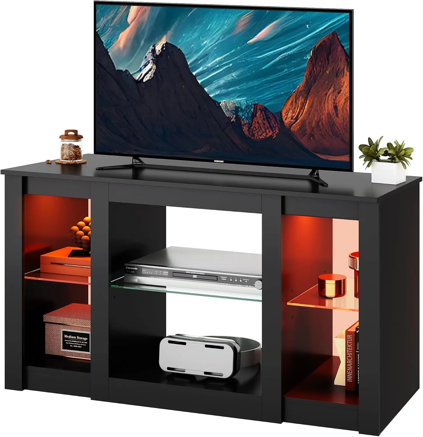 

TV Stand for 43 Inch TV, Modern Entertainment Center with LED Lights & Adjustable Glass Shelves, Sturdy Media Console (Black)