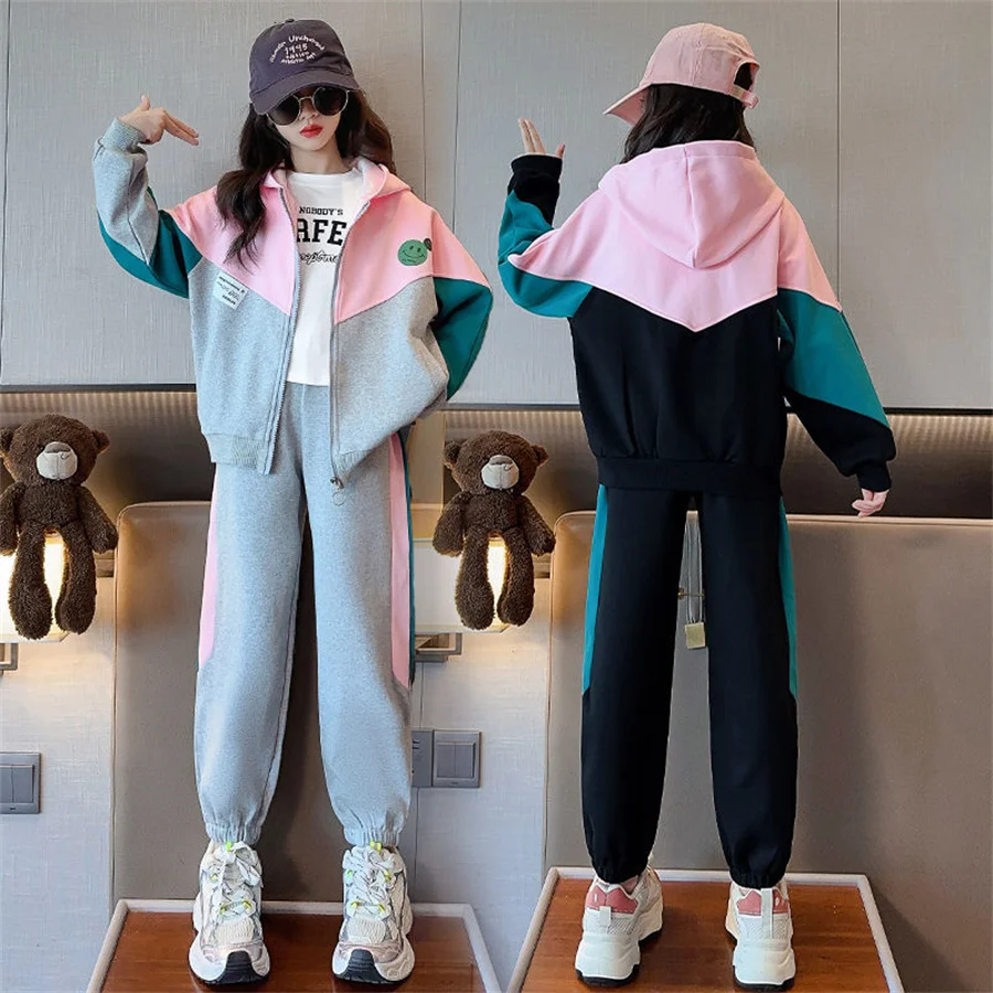 New Spring Autumn Teen Girls Clothing Sets Fashion Zipper Sweatshirt + Pants 2Pcs Outfits Kids Tracksuit 4 6 8 10 12 Years