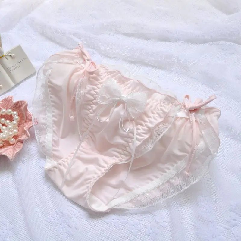 Japanese Princess Style Satin Ruffles Lacing Cute Lovely Sweety Bow Underwear High Elasticity Breathable Lolita Panties Breifs