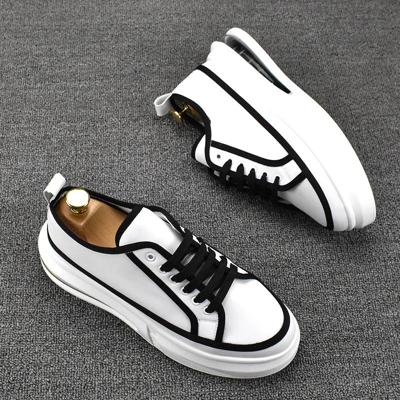 

England style men's casual white shoes lace-up natural leather flat shoe youth street platform sneakers breathable footwear mans