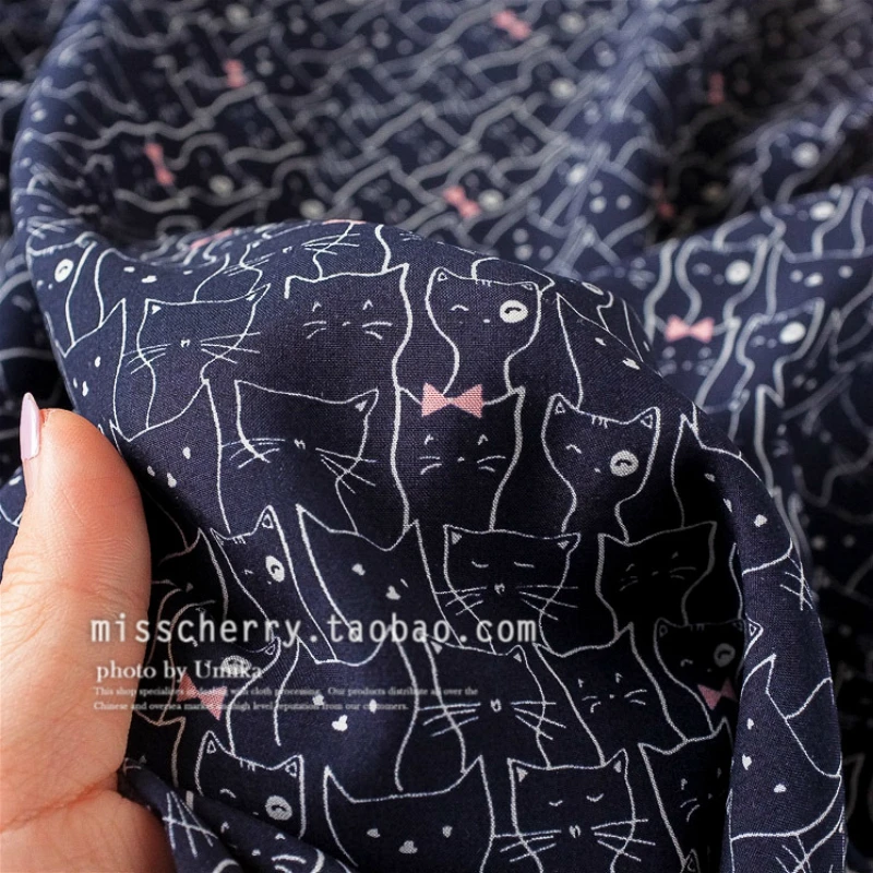 140x50cm Koshibo fabric Bow cats Purplish Blue Bottom TSUMUGI Cotton Cloth, diy summer clothes Clothing Pajamas Lining