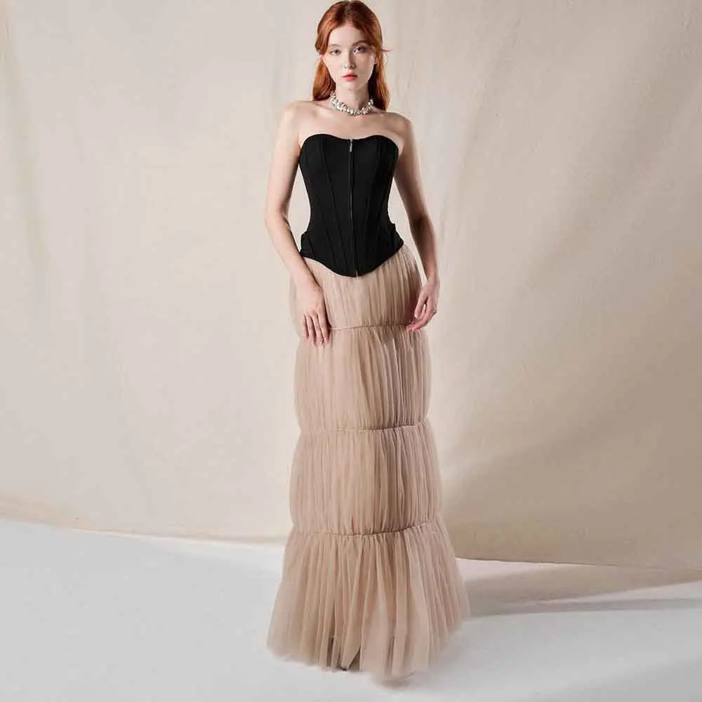 

Elegance Ruffle Tulle Maxi Skirt High Waist Floor Length Khaki Evening Skirt Women Party Wear Bridesmaid Wedding Guest Skirts