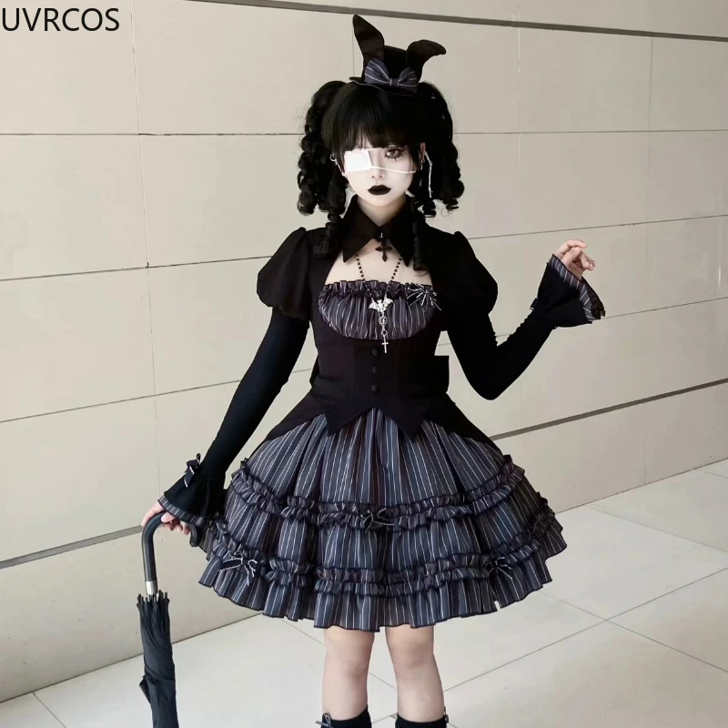 Vintage Gothic Lolita Dress Sets Women Halloween Duke Cosplay Costumes Harajuku Y2k Party Mini Dresses Punk Dark Stripe Dresses