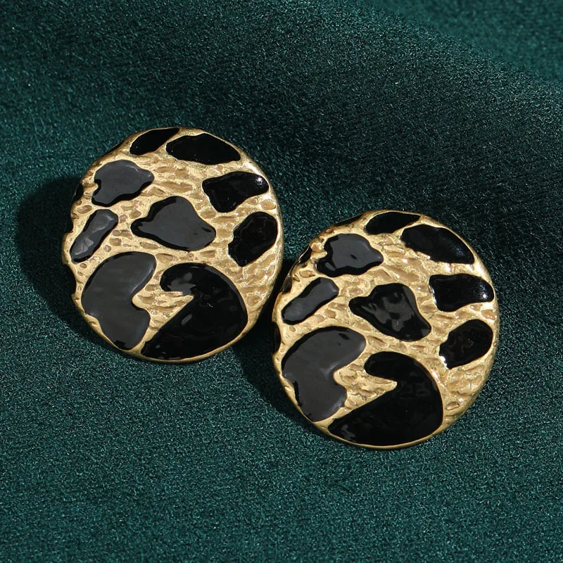 

Vintage Natural Round Enamel Black Stud Earring Gold Color Leopard Print For Women Retro Luxury Antique Designer 2025 New Party