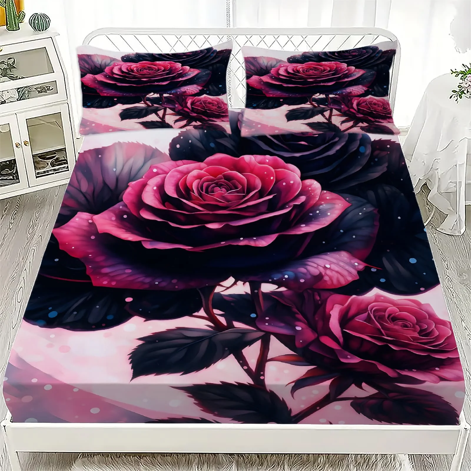 1pc Dark Fantasy Rose Print Fitted Sheet Deep Pocket Elastic Mattress Cover Single Double Queen King Bedroom Decor
