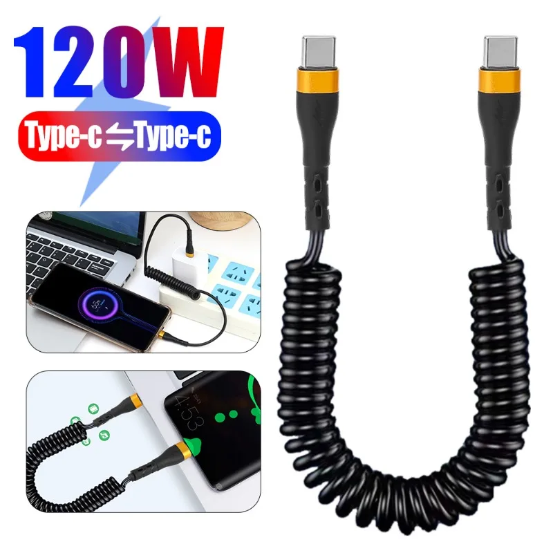 PD 120W Coiled USB C To C Cable Retractable Cable Curls Fast Charge Cord for Samsung IPhone 15 Pro Max Type C Data Transfer Wire