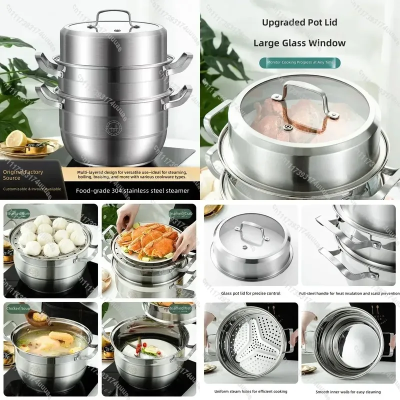 304 Stainless Steel Steamer Pot 3 Tier Large Capacity Thickened Stew Pot Anti Scalding Household Kitchen Cookware
