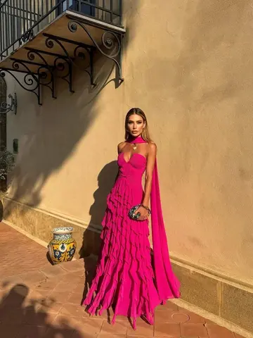 2026 New Halter Long Train Evening Gown Sweetheart Multi Layer Ruffle Chiffon Maxi Dress Sexy Backless Flowing Ribbon Prom Dress