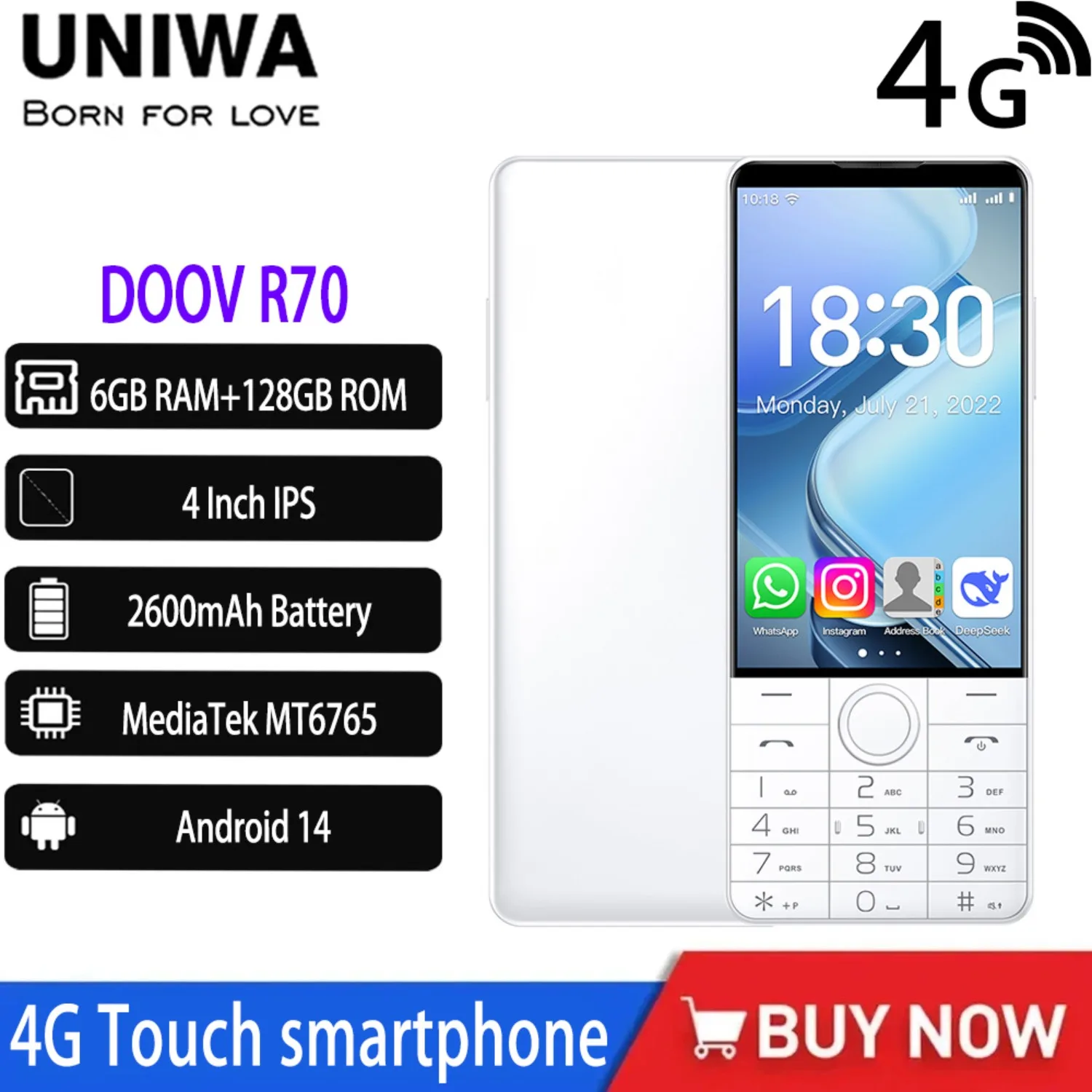 NEW DOOV R70 4G Touch Smart Phone Google Mobile Phone 4" IPS Screen 6GB+128GB Android14 Whatsapp 2600mAh Russia Keypad Cellphone